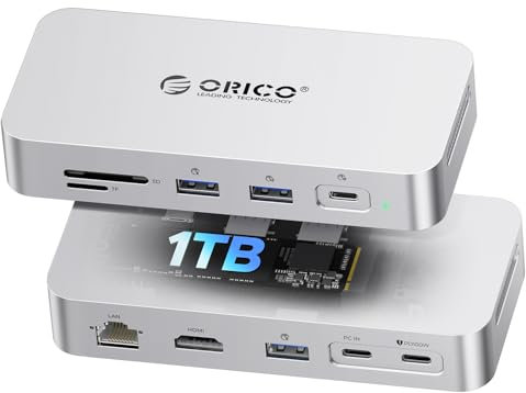 ORICO Station d'accueil SSD Externe 1 to, Extension de Stockage + Extension d'interface, jusqu'à 1000MB/s, HUB USB C 10-en-1, Support d'affichage HDMI 4K@60Hz, 100W PD, Ethernet, SD/TF - SJ10