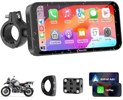 Carpuride W603 Pantalla Carplay para Motocicleta, CarPlay Inalámbrico y Android Auto para Moto, Control Remoto, Pantalla Táctil Impermeable de 6,3, Audio BT, Navegación GPS, Siri, Asistente de G00gle