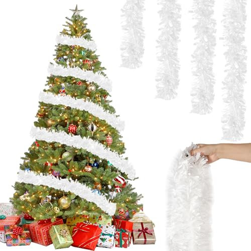 6 Stück x 2M Weihnachten Lametta Girlande, Lametta Girlande Weihnachtsgirlande, Glitzernd Girlande Weihnachten Innen-Und Außen für Weihnachtsbaum Weihnachtsfeier, Lametta Weihnachtsdekoration Weiß