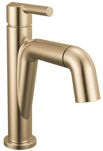Delta Nicoli 1 Hole Brushed Gold Bathroom Faucet with Sprayer, Single Hole Bathroom Sink Faucet with Pull Out Sprayer for Vanity, Push-Pop Drain, Champagne Bronze 15849LF-CZPD
