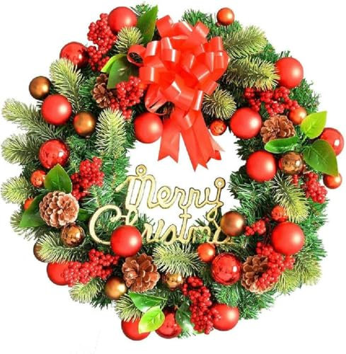 YLREAN Weihnachtskranz, mit natürlichen Tannenzapfen/roten Beeren/englischen Alphabeten/kugelförmigen Ornamenten für Türhänger, Wandfenster, Heimdekoration, 50 cm
