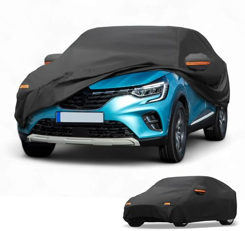 Partuto Autoabdeckung Alle Wetter Für Renault Captur 13-21 | 210D-PU, Schwarz, 435x145x143cm, Reißverschlüsse, Elastisches Seil, Reflektierende Streifen, 1 Stück