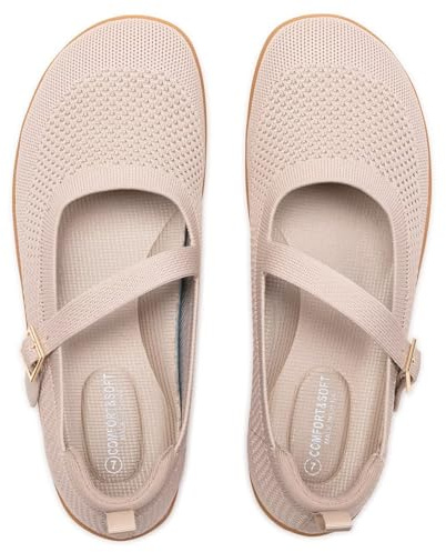 Frank Mully Women's Wide Width Flats Mary Jane Flat Comofortable Knit Ballet Flat Wide Toe Box Dress Shoes with Adjustable Straps Nude