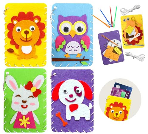 Anfänger Nähset für Kinder, 4-Pack Nähen Sie Ihre eigenen Kartenhalter Filz Nähen Handwerk Kit für Kinder Mein erstes Nähen Kit für Kinders Spaß DIY Nähen Handwerk für Mädchen Jungen (Karteninhaber)