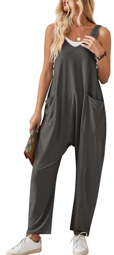 Panegy Salopette da donna senza maniche a gamba larga con tasca Tuta estiva casual con spalline, tuta da ginnastica allentata Boho Rompers Grigio scuro M