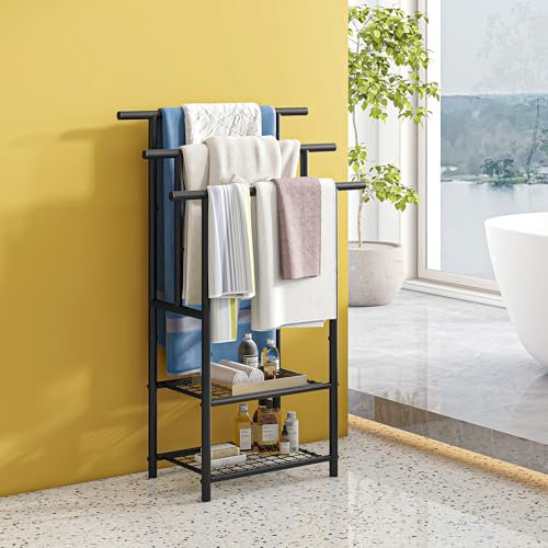 FOUBAM Toallero, toallero, escalera de pie con 3 barras de toallas, toallero de metal con 2 estantes, para toallas de baño, mantas, ahorro de espacio, estable, estilo industrial, negro
