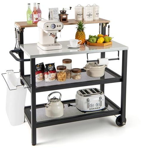 COSTWAY Carrito de Barbacoa de 3 Niveles, Mesa de Barbacoa con Estante y Asa Plegable, Ganchos, Soporte para Toallas de Papel y Bolsas de Basura, Carrito de Servicio, 116 x 55 x 130 cm
