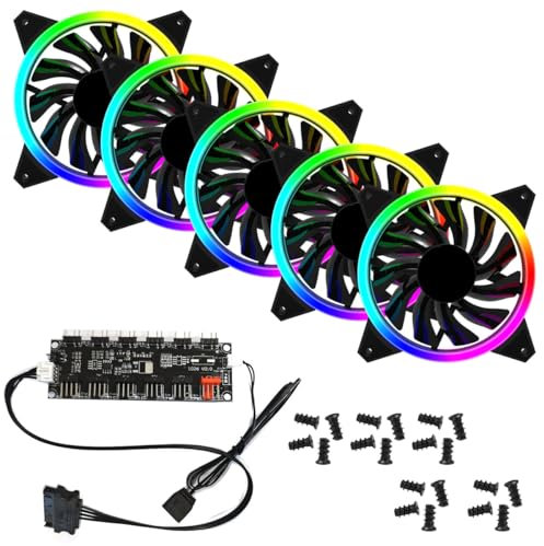 RGB PC Cooling Fan Kit, Rainbow LED Addressable RGB 120mm Case Cooling Fans With Hub Controller for PC Cases, Gaming PCs (5 Fans With Hub)