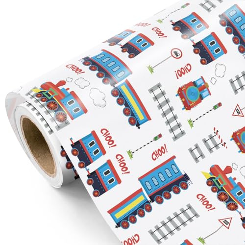 WRAPAHOLIC Geschenkpapierrolle mit Zug, Mini-Rolle, 43,2 cm x 5,2 m, Vintage-Geschenkpapier, perfekt für Kinder, Jungen, Geburtstag, Babyparty