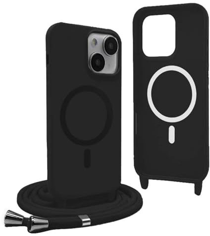 YFSYLL Magnétique Coque pour iPhone 13 Mini avec Cordon,Compatible avec MagSafe,Coque Silicone pour Magnétique avec Réglable Collier - Noir