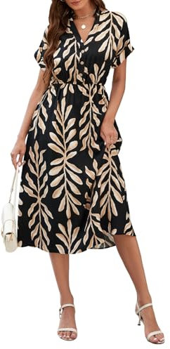 Genfien Damen Kleider Casual V-Ausschnitt Kurzarm A-Linie Kleid mit Taschen Knielanges Kleid mit Blattdruck Sommerkleider