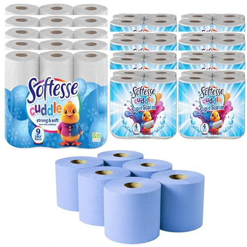 Softesse Cuddle Mega Tissue Rolls Bundle Set – 45 Luxury 3-Ply Toilet Rolls, 24 Kitchen Rolls, 6 Multipurpose Blue Rolls – Bulk Buy Savings, Ultra-Soft, Durable, Eco-Friendly Design