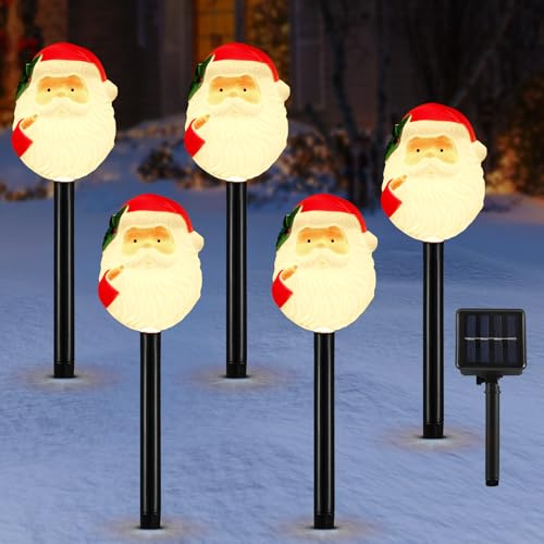 Lewondr 5 Stück Solar-Weihnachtswegbeleuchtung Außen Mit 2 Leuchtmodi | Weihnachtsmannlichter mit Erdspieß, wetterfest für Garten, Rasen, Terrasse und Gehwege
