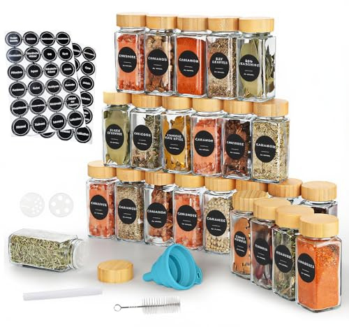 Braozaiw Lot de 24 pots à épices en verre avec couvercle en bambou (24 x 120 ml) avec entonnoir et coins à épices, récipient de rangement pour épices (noir)