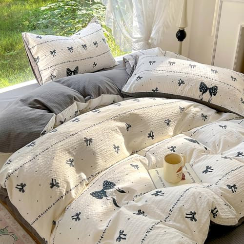 Nayoroom Bettwäsche 155x220 Weiß mit Schwarzen Schleifen Blumen Bettwäsche-Sets ÖKO-TEX Premium Microfaser Schleifenmuster Wende Bettbezug mit Reißverschluss und Kissenbezug 80x80 cm