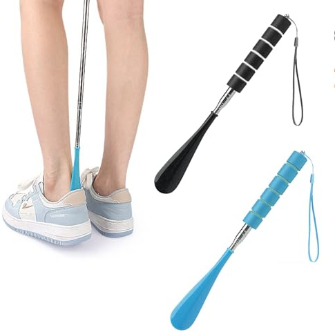 Huoflame Teleskop Schuhlöffel 2 Stück – Verstellbar 30-71cm Edelstahl Schuhlöffel Lang – Reise Schuhlöffel Herren Damen Senioren – Schwarz & Blau – Rutschfester Griff, flexibel langlebig