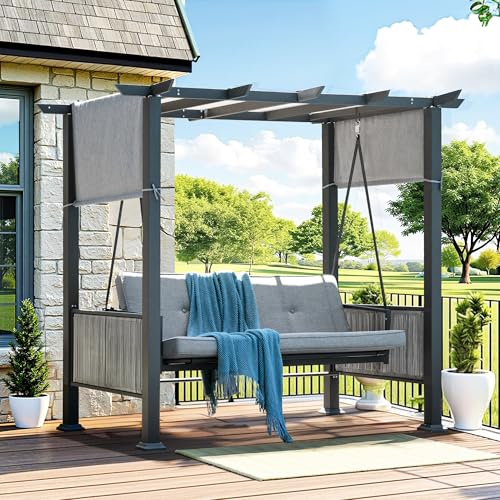 Pamapic Balancelle de porche 2 en 1 avec auvent, lit de terrasse 3 places avec rideaux réglables, chaise balancelle d'extérieur pour balcon, jardin et bord de piscine, gris