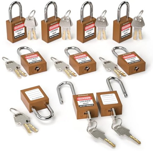 Bwintech 10 pièces 38 mm à clés différentes Cadenas de sécurité marron Verrouillage et étiquetage pour stations et dispositifs de verrouillage et d'étiquetage