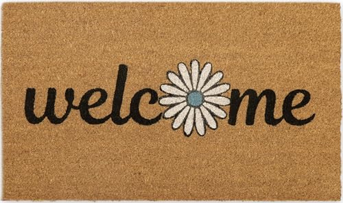 COCONIQ Coir Door Mats 43x76 cm, Non-Slip Sturdy, PVC Backed Heavy Duty, Easy to Clean, Ideal for Door Entrance, Patio, Porch, Backyard, Garages, Welcome with Blue Daisy