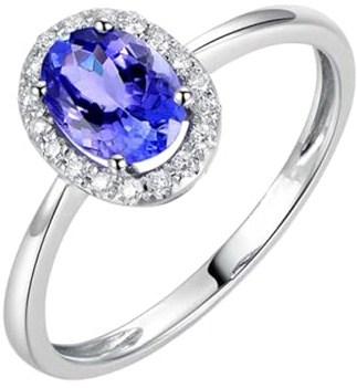 Musihy 9 Karat Weißgold 375 Ring, Eleganter Damen-Verlobungsring mit ovalem 0,9-Karat-Tansanit und Diamanten, Größe 58 (18.5)