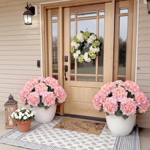 Janinka 2 Pcs 20 Inch Outdoor Artificial Hydrangea Flowers Large Pink Faux Hydrangea Bushes Uv-Resistant Waterproof Outdoor Faux Floral for Porch Wedding Yard Garden Decorations