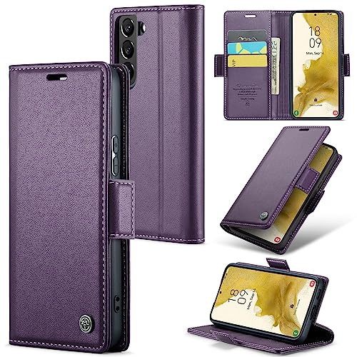 Idhiem for Samsung Galaxy S22 Flip Case, PU Leather Wallet Cover with RFID Blocking, Magnetic Closure Card Holder and Kickstand, Shockproof Protective Case- Purple | Premium PU leather, folding case, RFID blocking, magnetic closure, card slot stand function, flip case protective case