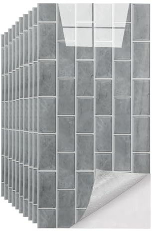 Küchen Polyvinylchlorid Fliesenaufkleber, 50 Stück Mosaik Fliesenaufkleber 60x30cm Badezimmer Selbstklebende Fliesendekor Aufkleber Backstein zum Küche Esszimmer Bad Fliesenfolie Deko, Grau