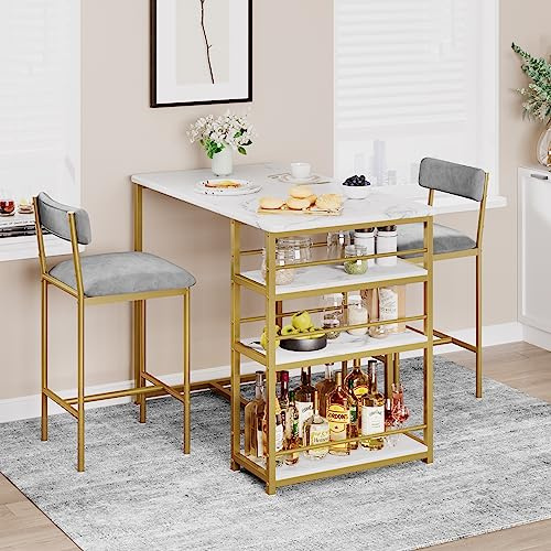 Dining Table Set for 2, Kitchen Table and Chairs for 2 with Upholstered Chairs, 3 Piece Counter Height Bar Kitchen Table Set with 3 Storage Shelves for Small Space, Apartment, Vintage Brown, Golden
