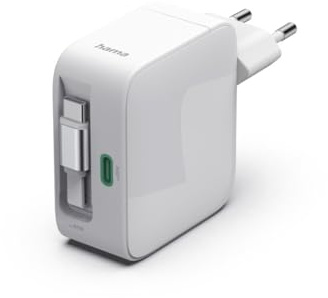 hama GaN Schnellladegerät 65 W, 2X USB-C, ausziehbares Ladekabel, Power Delivery 3.0 & Qualcomm Quick Charge 3.0, USB-C, Weiß, 0,7 m Kabel