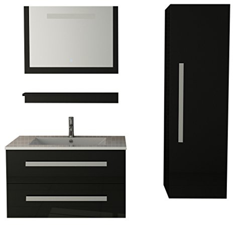 Jet-Line Badmöbelset St. Moritz mit Waschbecken, Waschtisch, Spiegel mit LED Beleuchtung, Hochschrank, Ablage, Soft Close, Schwarz Hochglanz
