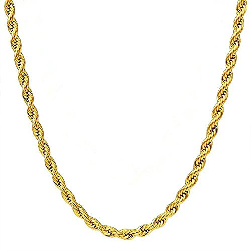 Q&S Jewels 3MM Twist Rope Chain Necklace, 18K Gold Plated Stainless Steel Chain Necklace Links for Men Women, Fashion Jewelry, Wear Alone or with Pendant, 18-30 Inch, Metal
