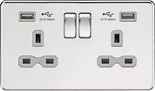 Knightsbridge SFR9224PCG 2G Switched Socket with 2.4 A Dual USB Charger, Polished Chrome with Grey Insert, 13 A