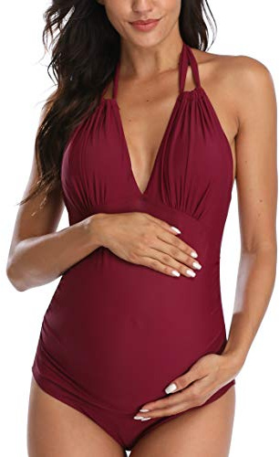 EastElegant Maillots de Bain de Maternité Une Pièce Col en V de Grossesse Maillots de Bain Halter de Maternité Bikini(Wine Rouge,Medium)