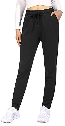 OUGES Jogginghose Damen Lang Baumwolle Sporthose Freizeithose Stretch Trainingshose Mit Taschen Schwarz L