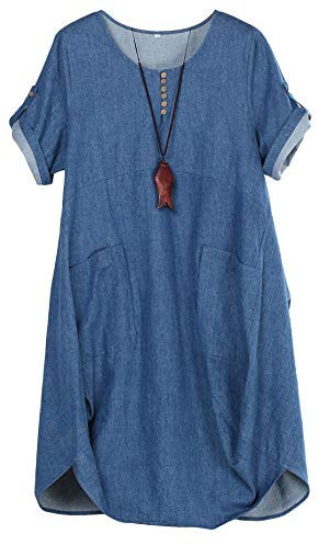 FTCayanz Vestito Donna Manica Corta Abito Tunica Midi Taglie Forti Abiti Lino Camicetta Jean Blu XXL
