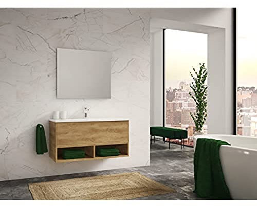 Atrios Modelo Bastet Conjunto Baño Estilo Madera con 1 Cajón, 2 Huecos y Lavabo Porcelánico, Mueble MONTADO, Suspendido en Pared, Laminado Roble, 120 cm
