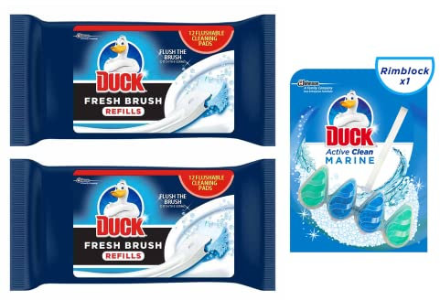 2 Packs of Duck Fresh Brush Refill (2 X 12 Flushable Cleaning Pads) with Duck Active Clean Rim Block