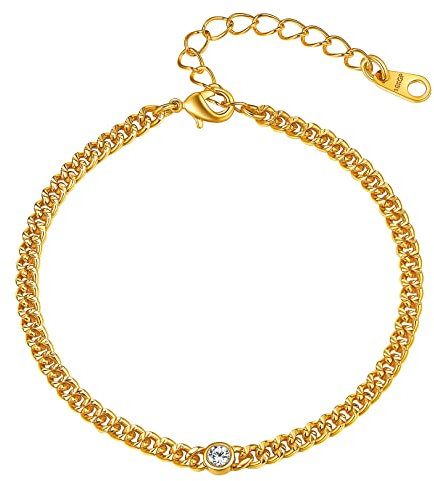 FOCALOOK Bracelet de Cheville Femme Dorée 16cm avec Pierre de Naissance Avril Diamant Blanc de Synthèse