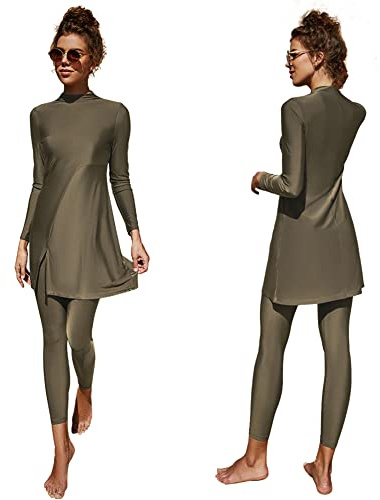 Donne Costumi da Bagno Musulmani Islamici Modest Coperta Completa Burkini Manica Lunga Top Pantaloni Nuoto Estate Spiaggia Costume Rashguards 2 Pezzo, Verde Esercito - Spaccato, XL
