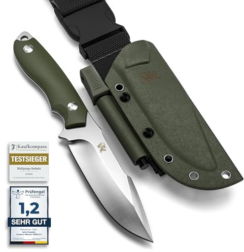 Wolfgangs ODENWOLF Outdoor-Messer AMBULO mit Kydex Holster - Edles Jagdmesser aus einem Stück D2 Stahl gefertigt - DAS Bushcraft Messer - Perfektes Survival Messer (Grün - Silber)