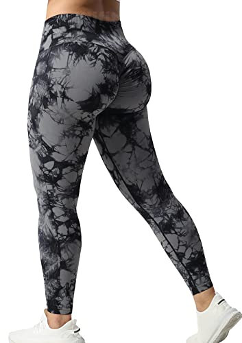 Yiifit Tie Dye Sports Leggings Damen Scrunch Butt High Waist Push Up Gym Fitness Workout Leggings Schwarz Grau, Medium