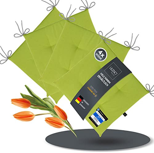 LILENO HOME 4er Set Stuhlkissen Apfelgrün (40x40x4,5 cm) - Sitzkissen für Gartenstuhl, Küche oder Esszimmerstuhl - UV-beständige Indoor u. Outdoor Stuhlauflage als Stuhl Kissen (Laura FUM)