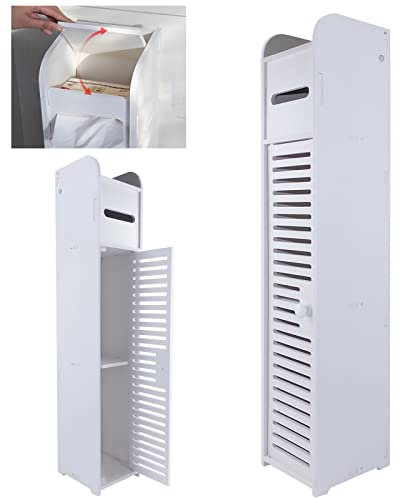 Slim Bathroom Storage Cabinet Floor Standing Corner Shelf Unit, Narrow Compact Bathroom Kitchen Storage Organiser Chest for Small Space, Cupboard Unit with Daily Use Layer, W6.3''x D6.3''xH32'', White