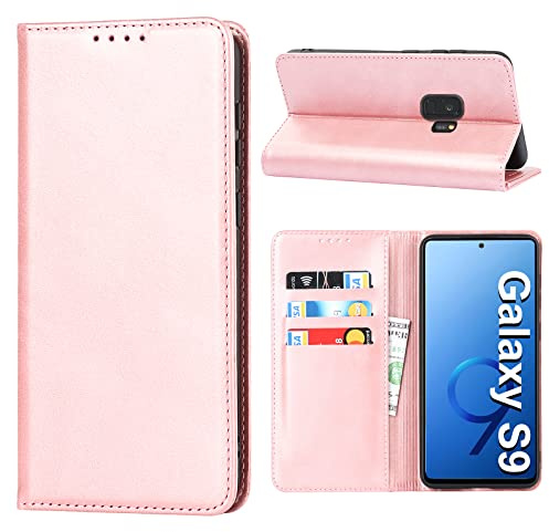 Handyhülle für Samsung Galaxy S9, Leder Wallet Schutzhülle Mit Kartenfach, Standfunktion, Stoßfest, Klapphülle, Flip Case Cover (Rosa)