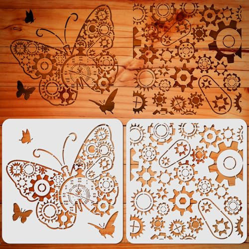ORIGACH 2 Stück Getriebe Schmetterling Schablonen, Steampunk Malerei Schablone, Wiederverwendbare DIY-Bastelschablonen, Wand Malen Schablonen, Malschablone für Malerei Holz Wand Deko, 30×30 CM