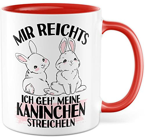 Kaninchen Tasse mit Spruch lustige Kaffeetasse mit Tier Witz Karnickel Kaffee-Becher Häschen Humor Geschenk Mir reichts ich geh Kaninchen streicheln Spruch Teetasse Haustier Hase Halter (Weiß/Rot)