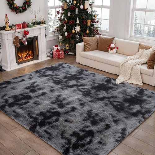 jianandi Teppich Wohnzimmer, Flauschige Weiche Teppiche für Schlafzimmer, Hochflor Waschbare Bettvorleger, Moderne Anti-Rutsch Teppich für den Eingangsbereich, Tie-dye Dunkelgrau, 160 x 230 cm