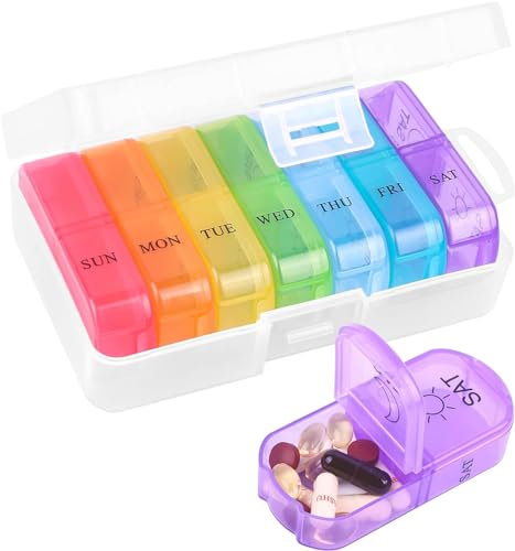 KedioPio Pilulier Semainier Matin et Soir, Pilulier 7 Jours Grande Capacite, Portable Boite Medicaments Rangement Voyage avec 14 Compartiments pour Contenir Pilules et Vitamines, Arc-en-Ciel