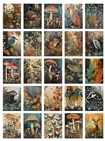 50 Pcs Earthy Wild Nature Rustic Aesthetic Collage Kit Wall Art Prints A6 Set Pack 14.8 x 10.5 cm (5.8 x 4.1) Fungi Flowers Trees Botanical Room Decor Poster