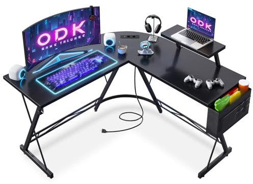 ODK Scrivania Gaming con 2 Prese e 2 Porte USB, Scrivania Gaming con Angoli Arrotondati e Supporto per Monitor, Scrivania Nero 127 x 127 cm
